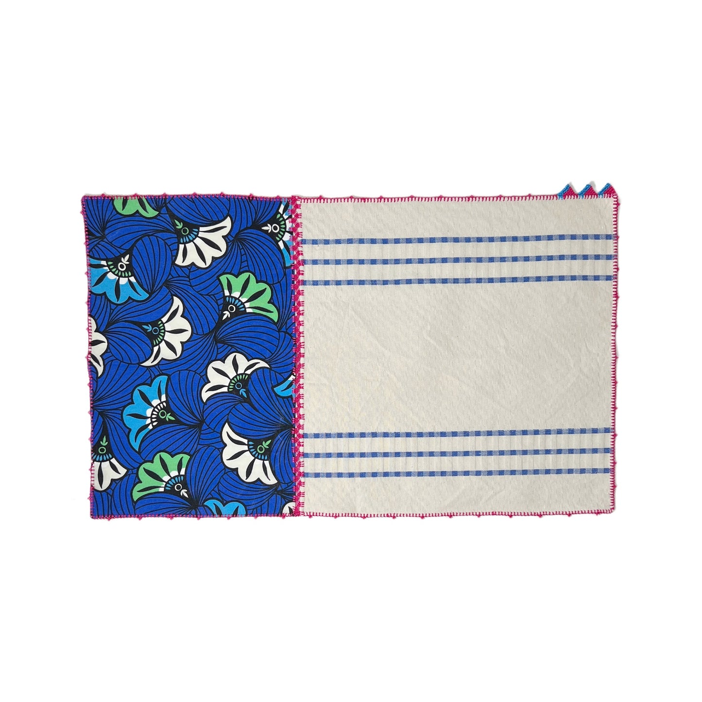 【Leo Atlante】刺繍パッチワーククロス flowers+stripes_blue