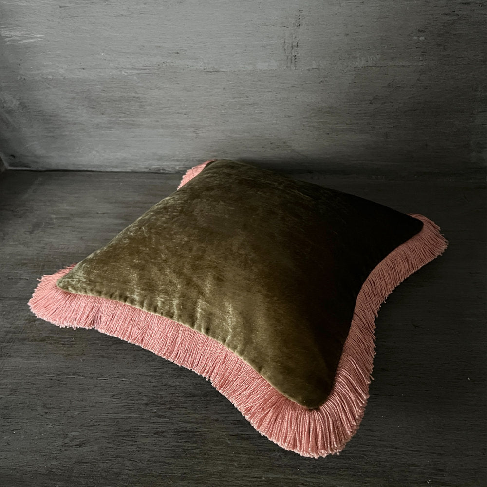 【Anke Drechsel】シルクベルベット クッションカバーPlain Peach Rose Fringe Olive cushion 30x30