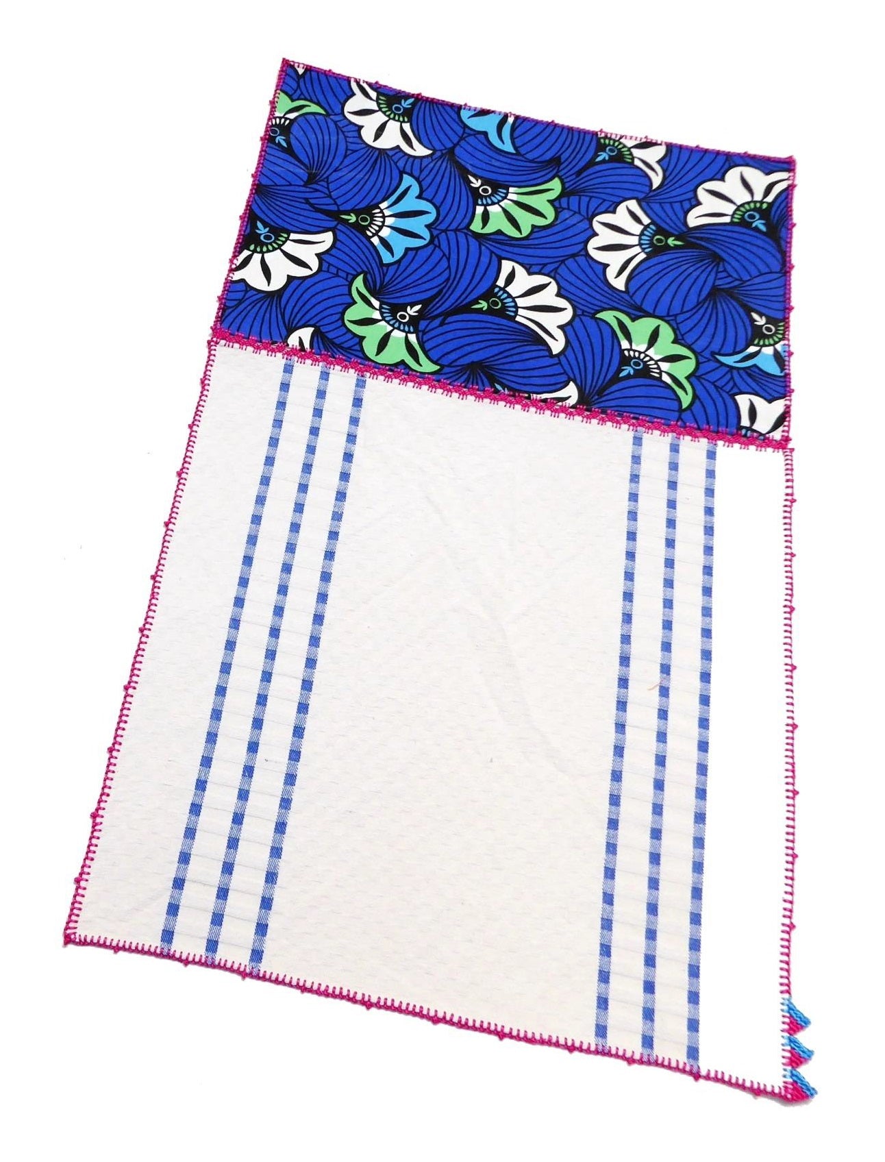 【Leo Atlante】刺繍パッチワーククロス flowers+stripes_blue