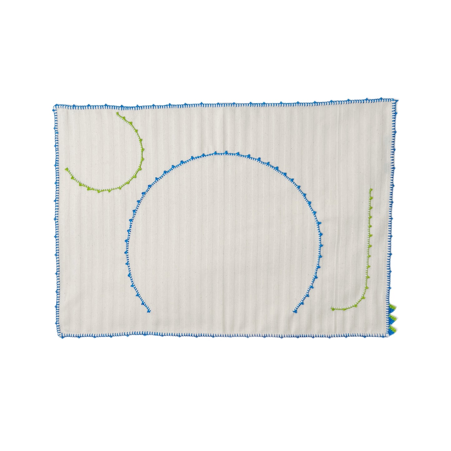 【Leo Atlante】刺繍パッチワークプレースマット"emprunte" faux-uni sripes_ecru , blue edge
