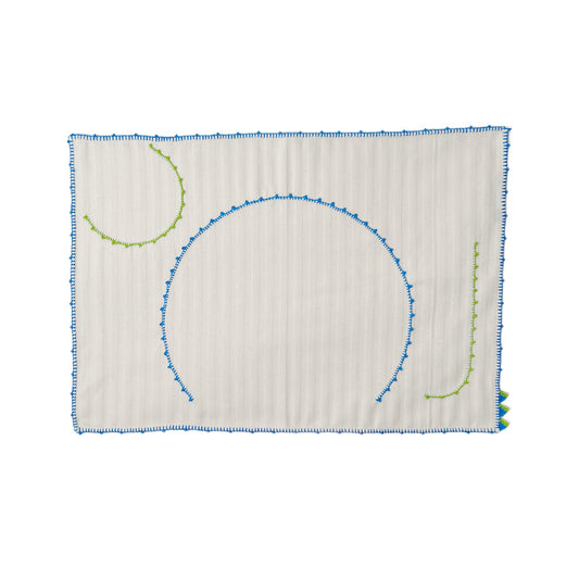 【Leo Atlante】刺繍パッチワークプレースマット"emprunte" faux-uni sripes_ecru , blue edge