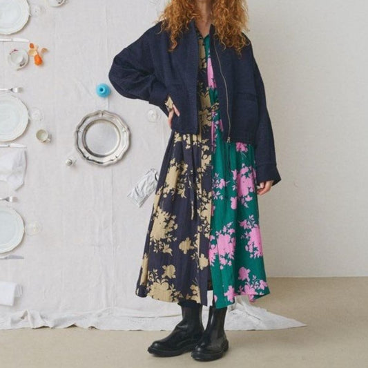 【Mii Collection】Screen Printed Long Silk Dress #66
