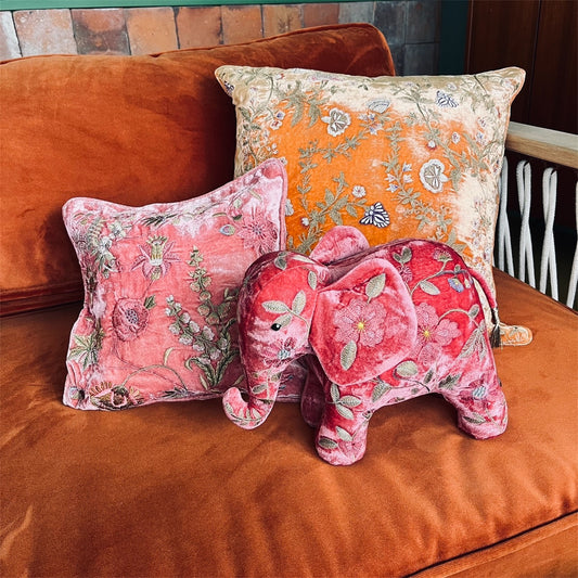 ベルベットクッションカバー 花刺繍オレンジ