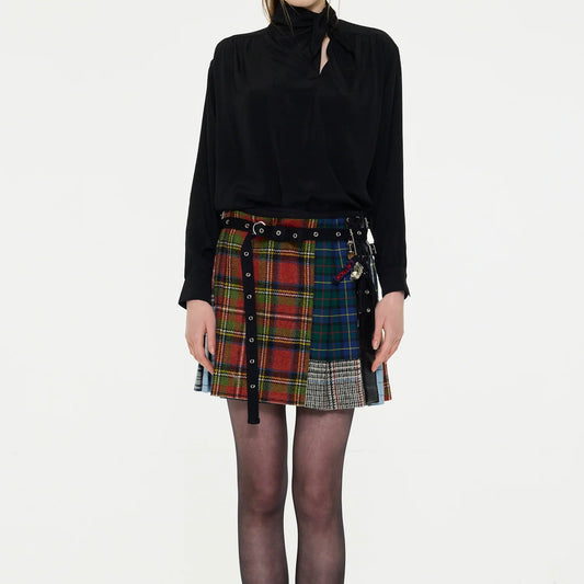 【LA FETICHE】Tartan Patchwork Mini Kilt With Punk Lace Up