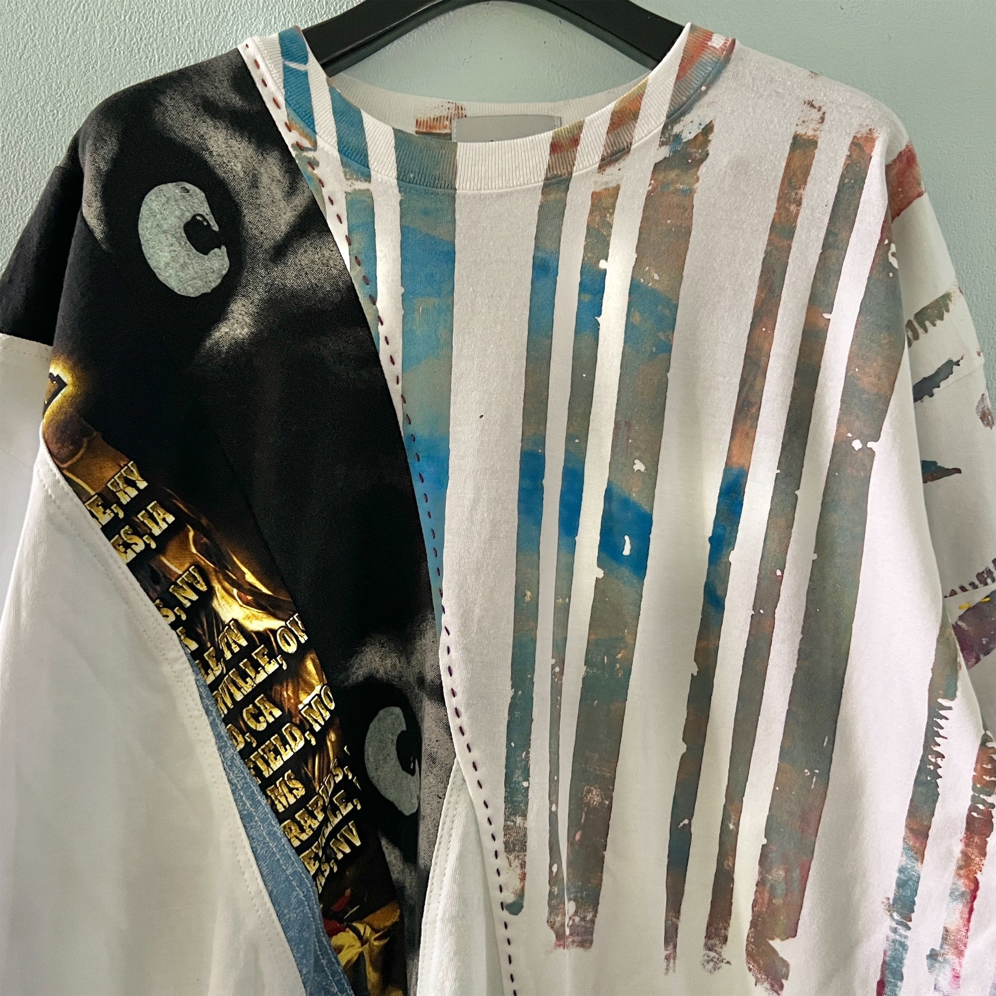 【nisai】古着解体再構築のストライプと目のTシャツ R005