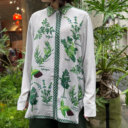 【Mii Collection】Screen Printed Hand Embroidered Silk Shirt #19