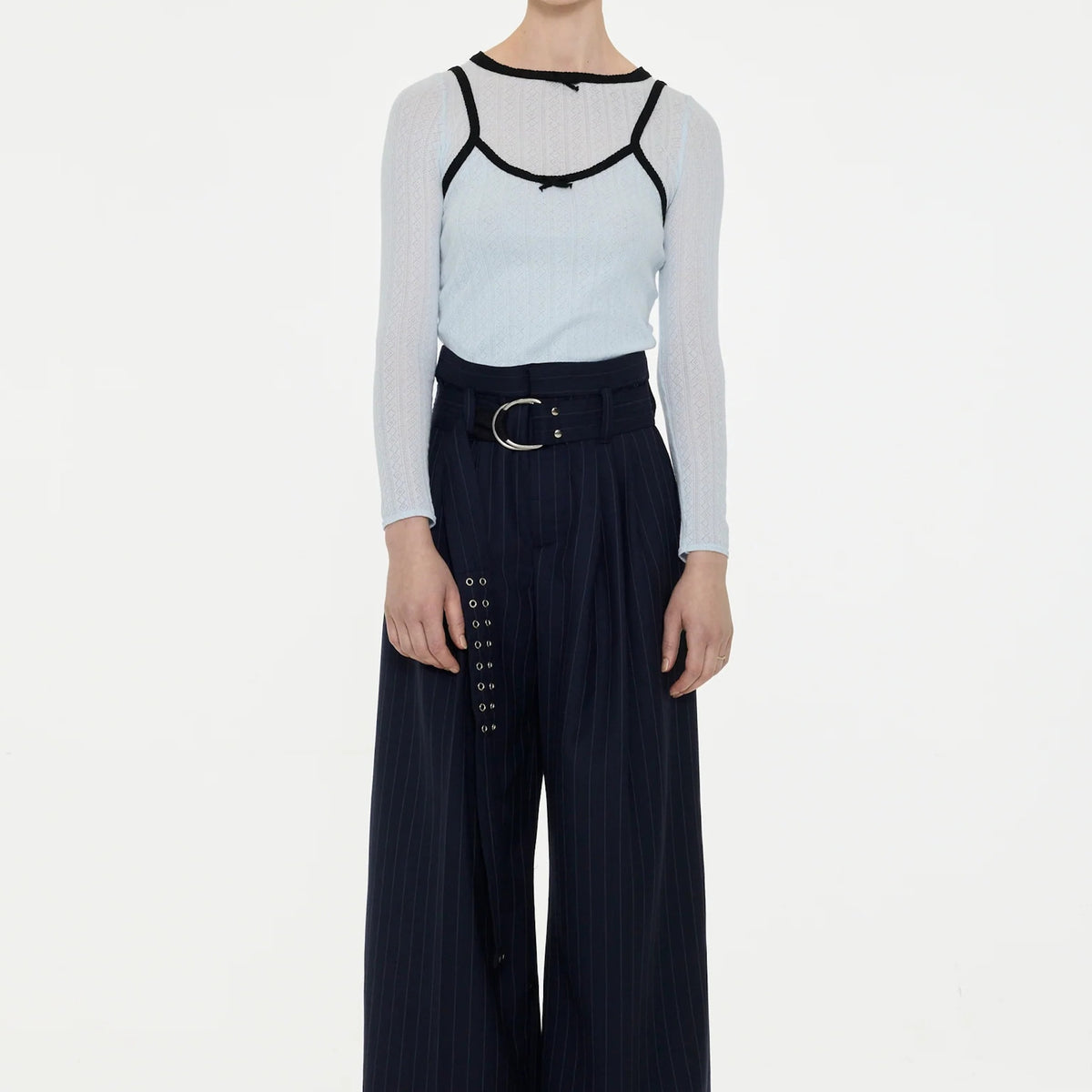 【LA FETICHE】Fine Weight Pointelle Top With Contrast Collar Neckline