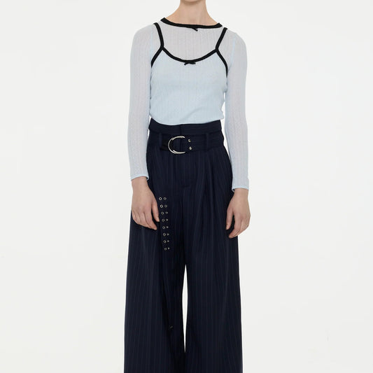 【LA FETICHE】Fine Weight Pointelle Top With Contrast Collar Neckline