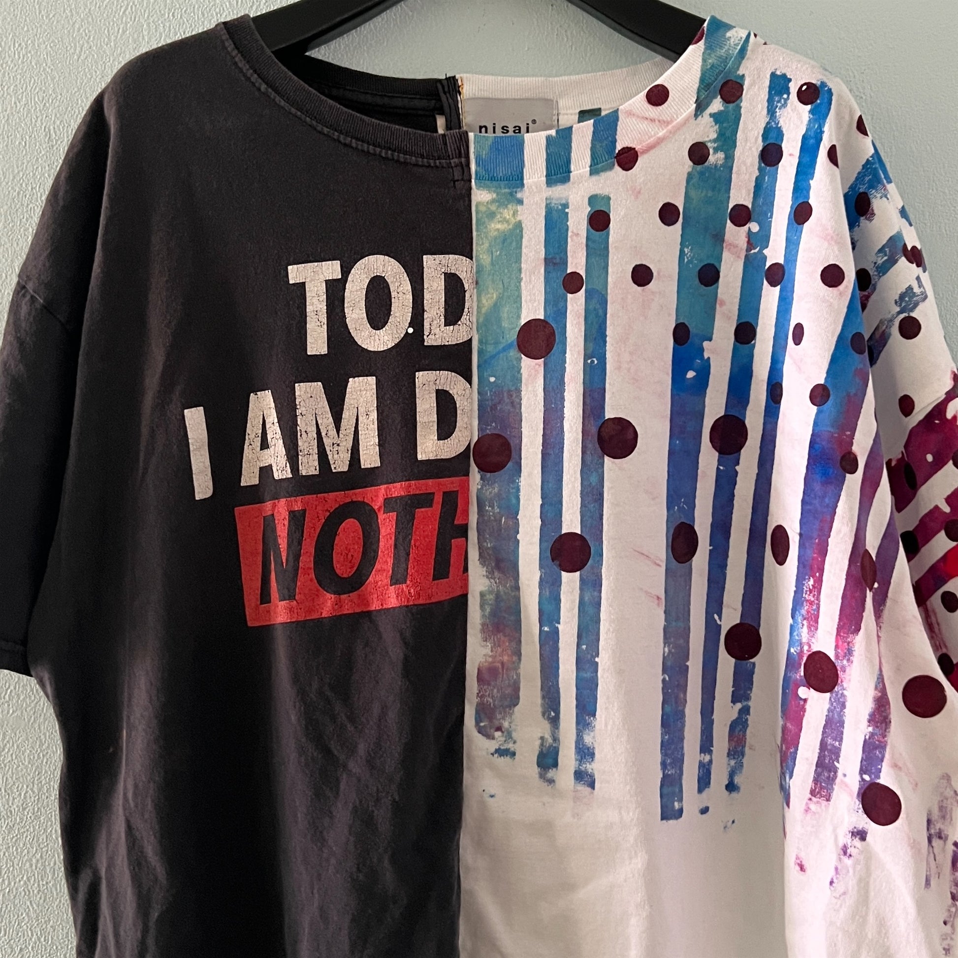 【nisai】古着解体再構築のストライプと水玉のTシャツ R004