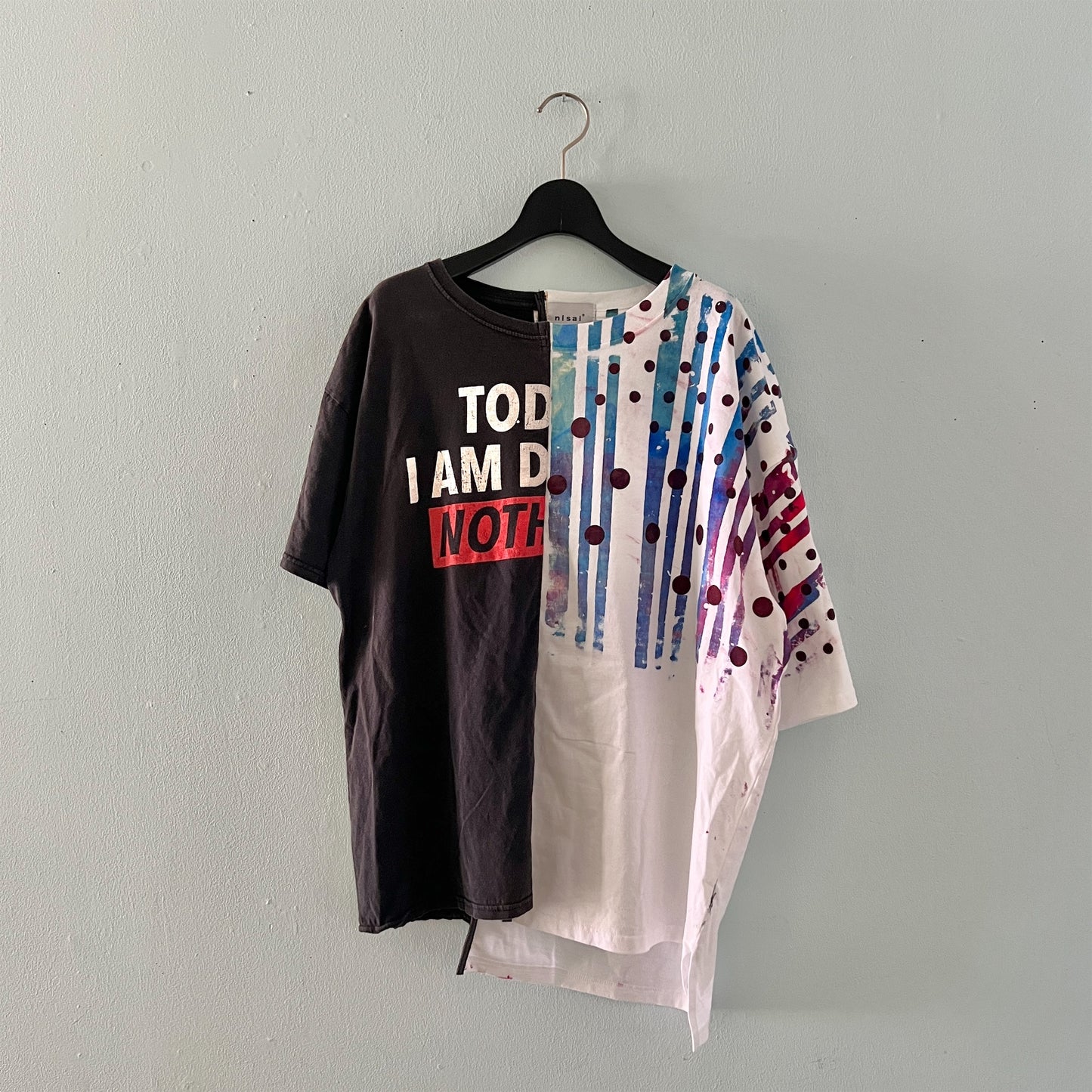 【nisai】古着解体再構築のストライプと水玉のTシャツ R004