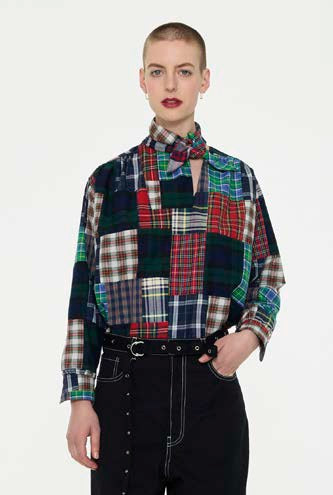 【LA FETICHE】Patchwork Tartan Neck Tie Blouse With Gathered Sleeves