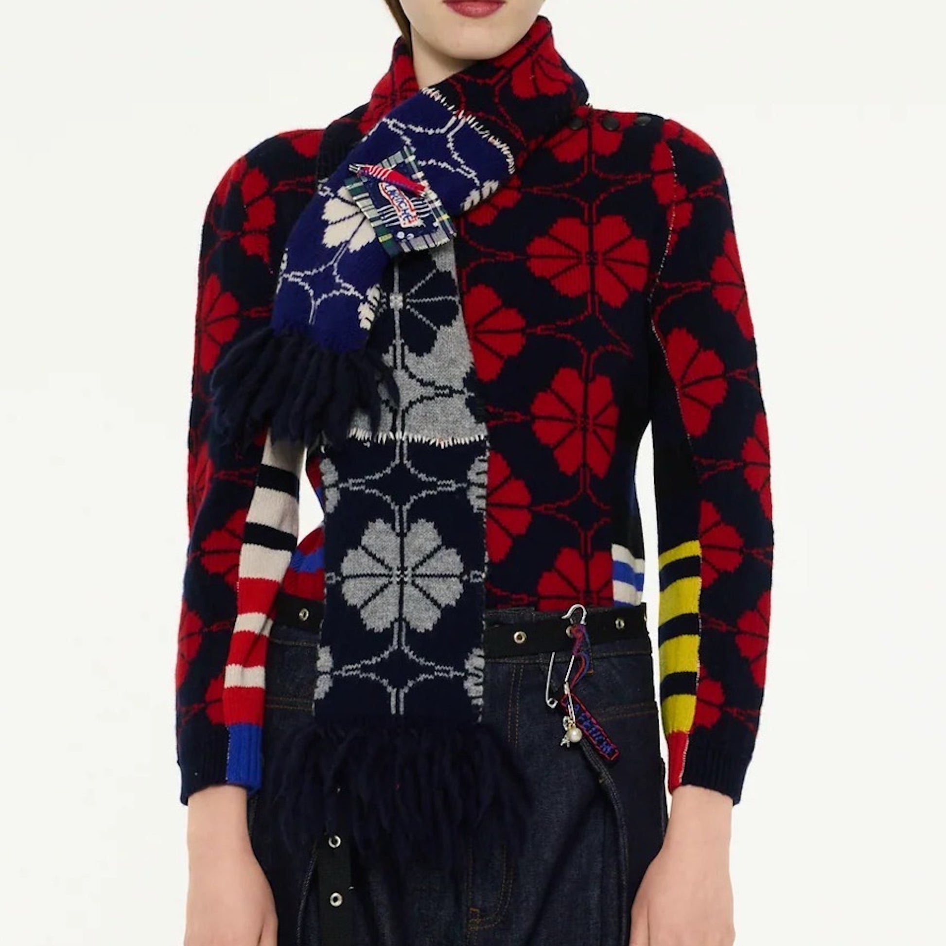 【LA FETICHE】Floral Jacquard Knitted Scarf / red,navy