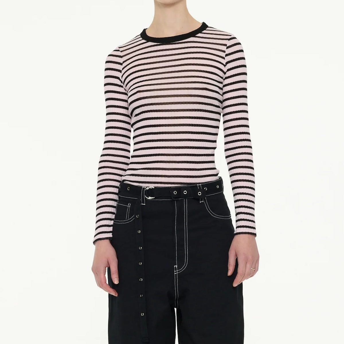 【LA FETICHE】Striped Fine Weight Ribbed Top With Contrast Collar Neckline