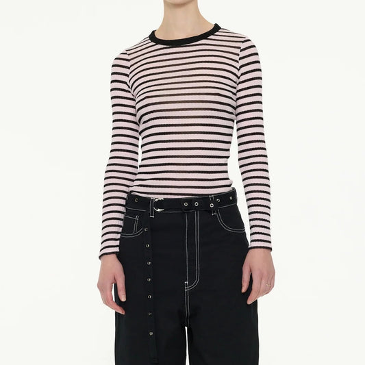 【LA FETICHE】Striped Fine Weight Ribbed Top With Contrast Collar Neckline