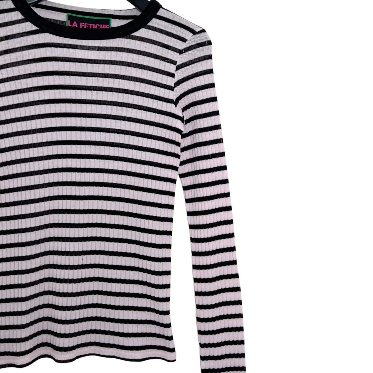 【LA FETICHE】Striped Fine Weight Ribbed Top With Contrast Collar Neckline