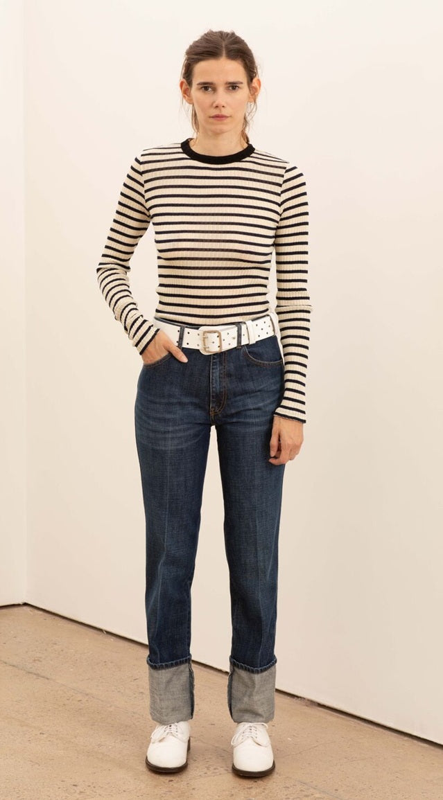 【LA FETICHE】striped fine weight ribbed top ECRU/NAVY s