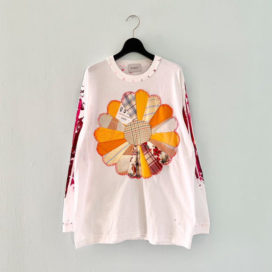 【nisai】花のパッチワークと手刷りシルクスクリーンのロンT R046