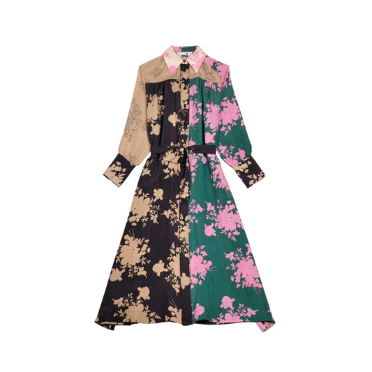 【Mii Collection】Screen Printed Long Silk Dress #66