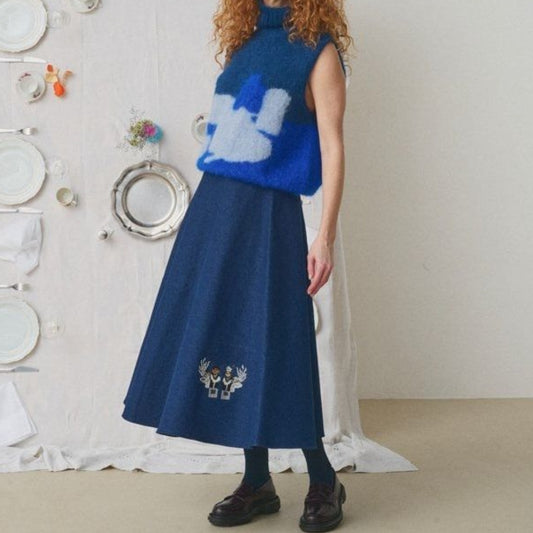 【Mii Collection】Hand Embroidered Denim Lomg Skirt #106