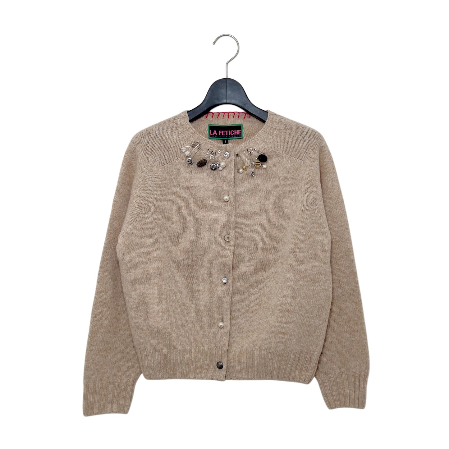 【LA FETICHE】Embellished Crew Neck Shetland Cardigan / oatmeal