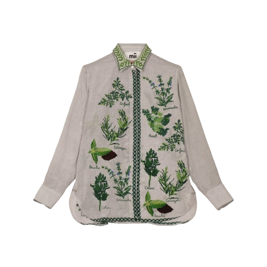 【Mii Collection】Screen Printed Hand Embroidered Silk Shirt #19
