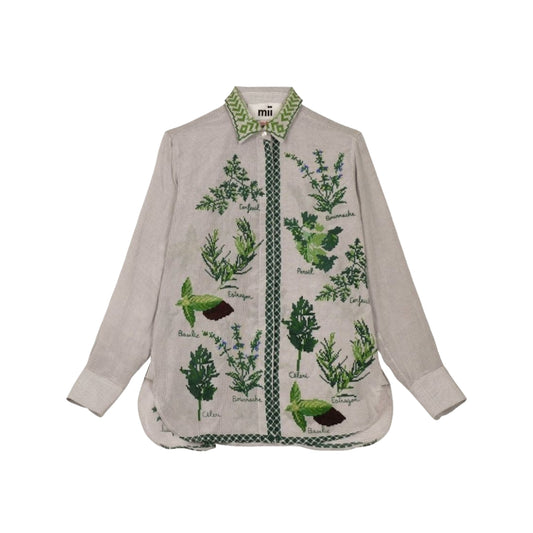 【Mii Collection】Screen Printed Hand Embroidered Silk Shirt #19