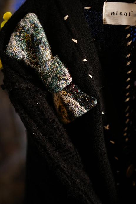 【nisai】黒染めニットと手縫いリボンのオーバーカーディガン
