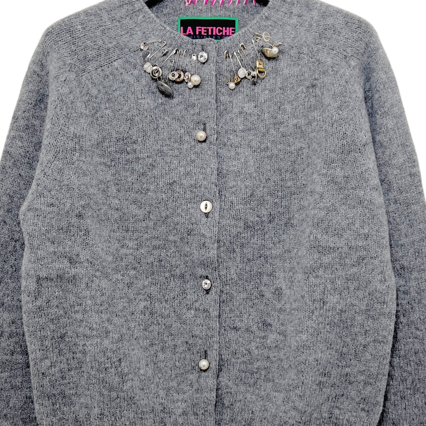 【LA FETICHE】Embellished Crew Neck Shetland Cardigan / grey