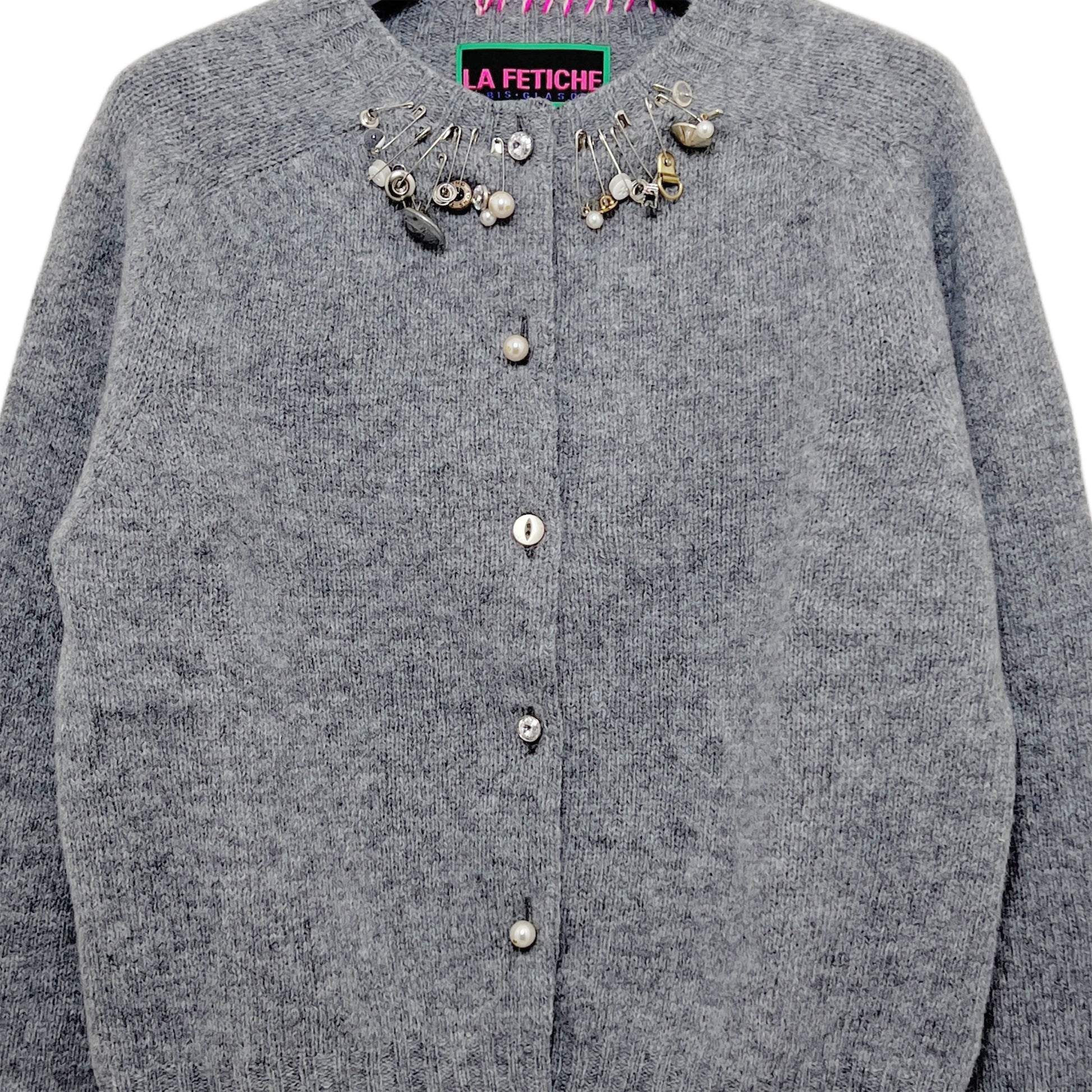 【LA FETICHE】Embellished Crew Neck Shetland Cardigan / grey