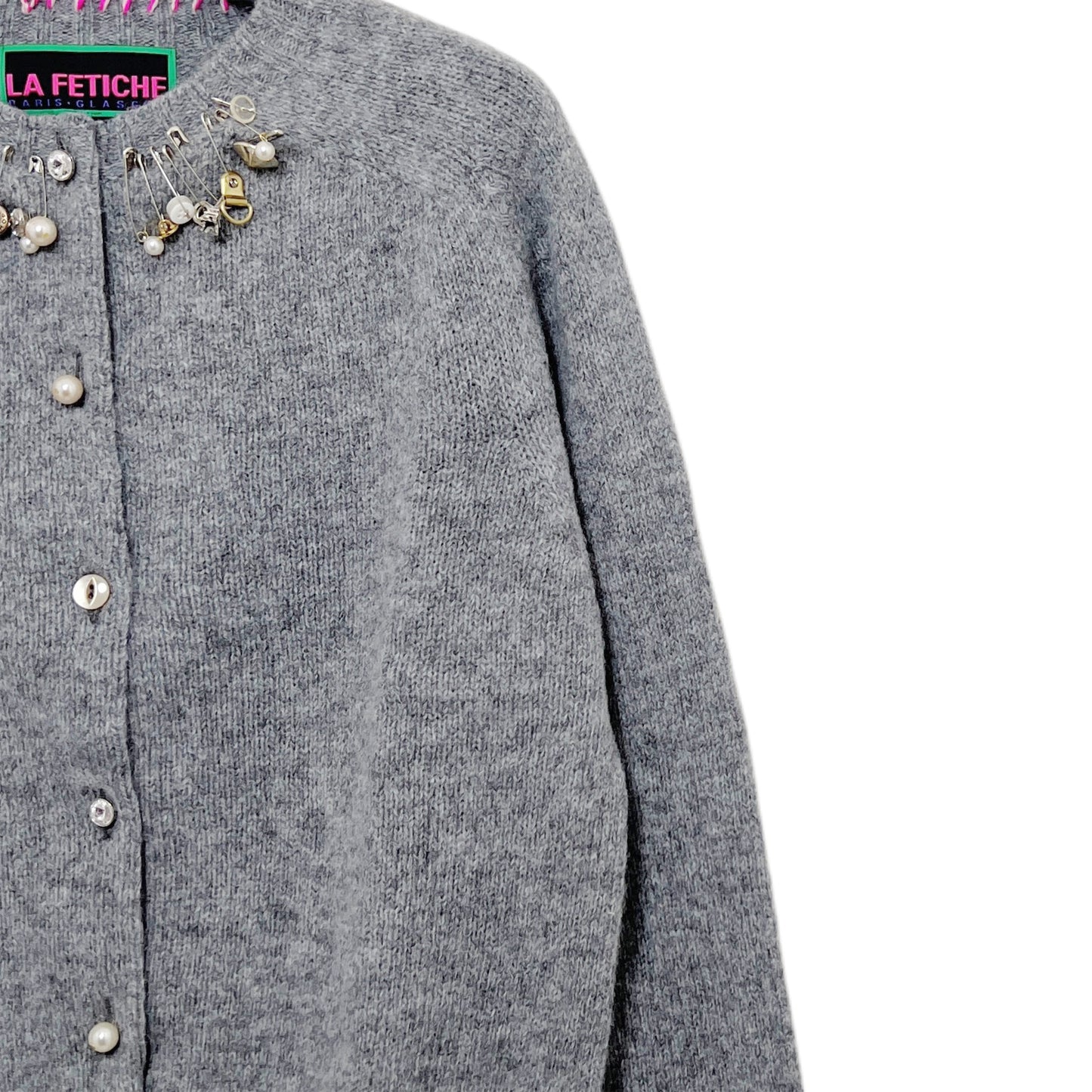 【LA FETICHE】Embellished Crew Neck Shetland Cardigan / grey
