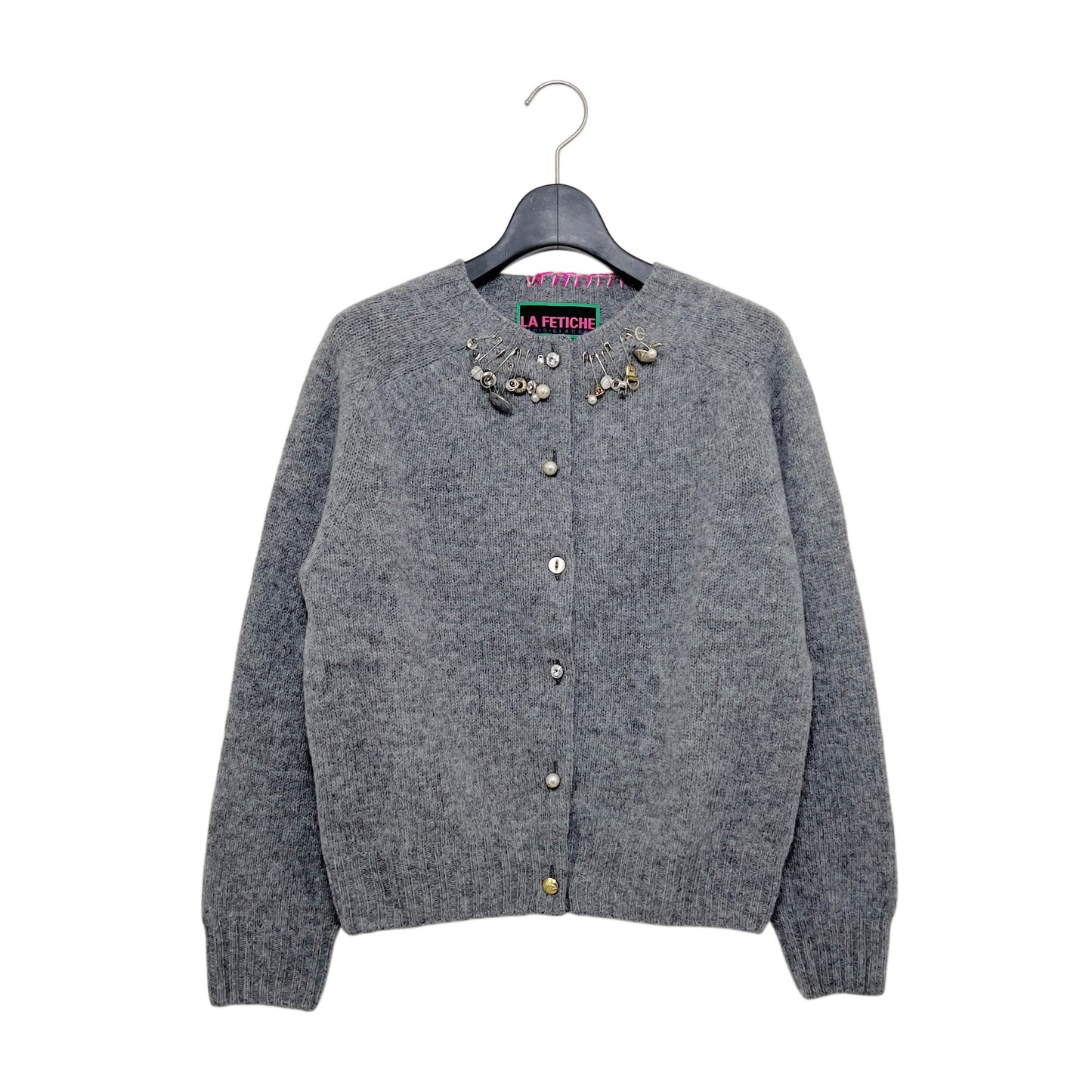 【LA FETICHE】Embellished Crew Neck Shetland Cardigan / grey