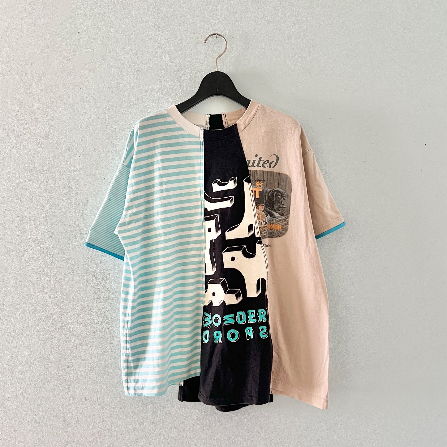 【nisai】古着解体再構築と水色パイピングのTシャツ R013