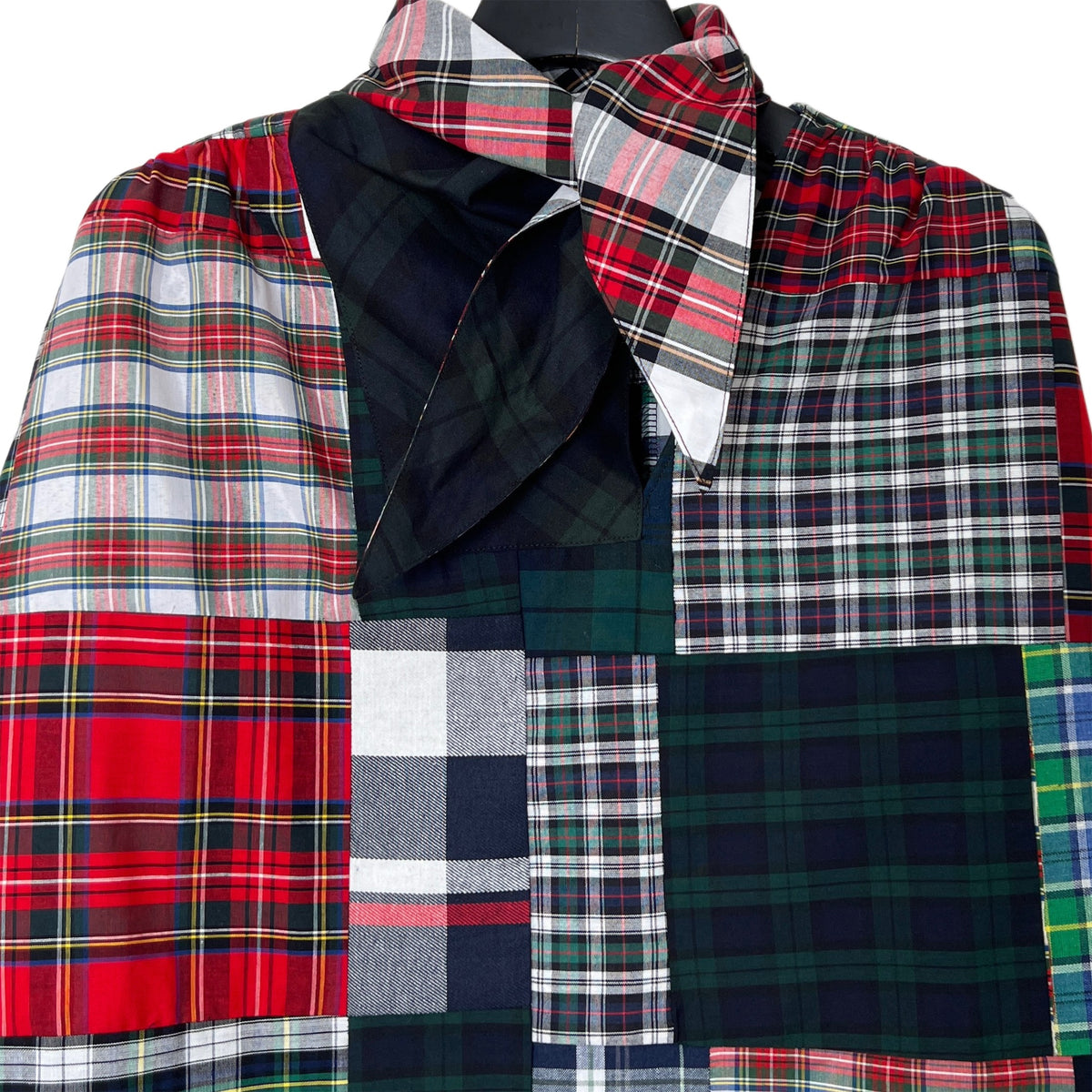 【LA FETICHE】Patchwork Tartan Neck Tie Blouse With Gathered Sleeves