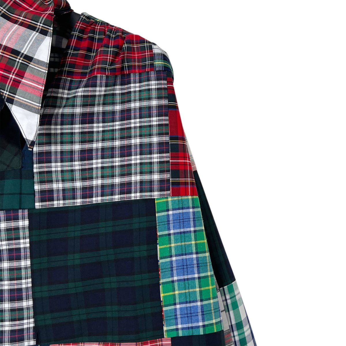 【LA FETICHE】Patchwork Tartan Neck Tie Blouse With Gathered Sleeves