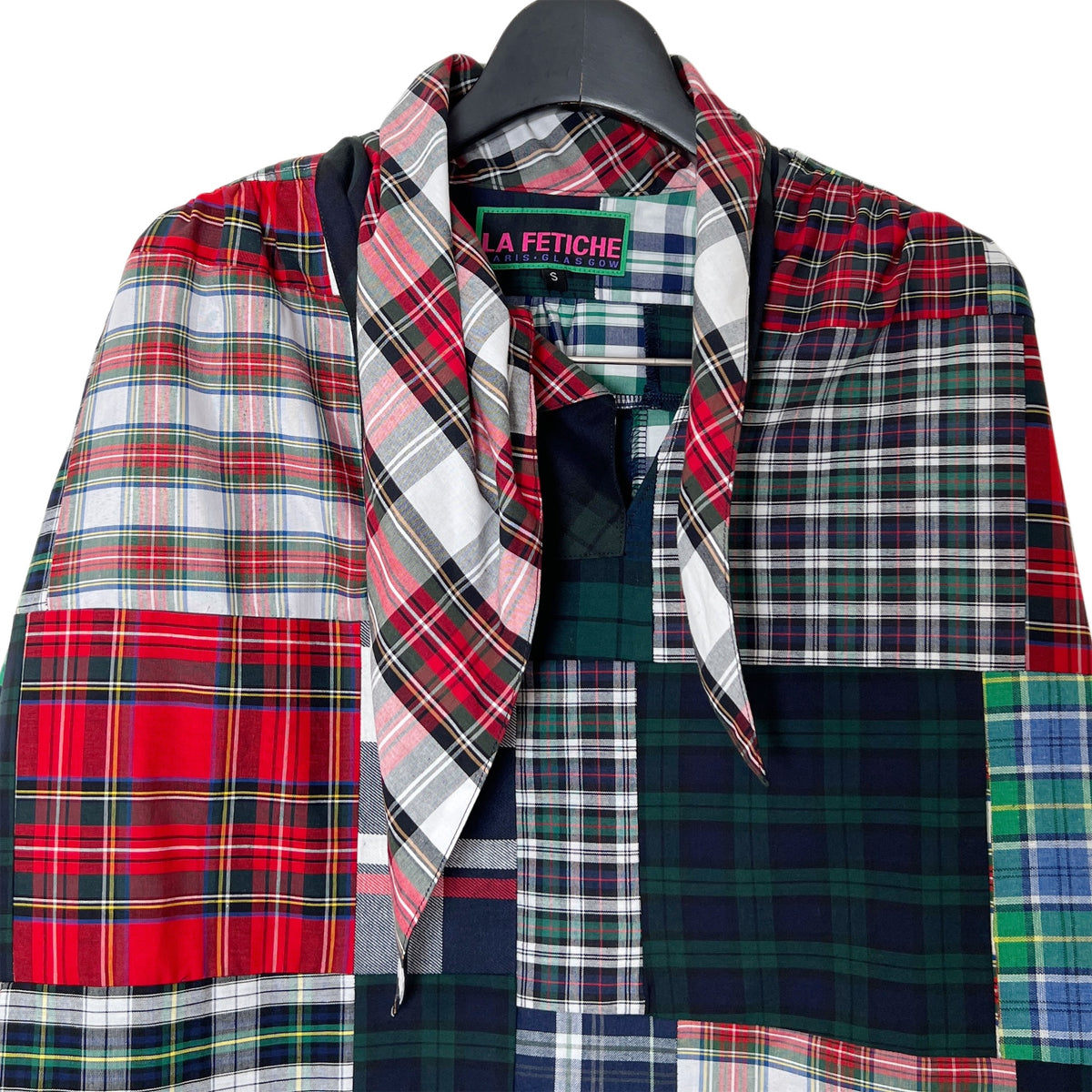 【LA FETICHE】Patchwork Tartan Neck Tie Blouse With Gathered Sleeves