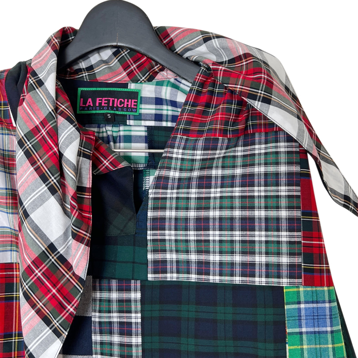 【LA FETICHE】Patchwork Tartan Neck Tie Blouse With Gathered Sleeves