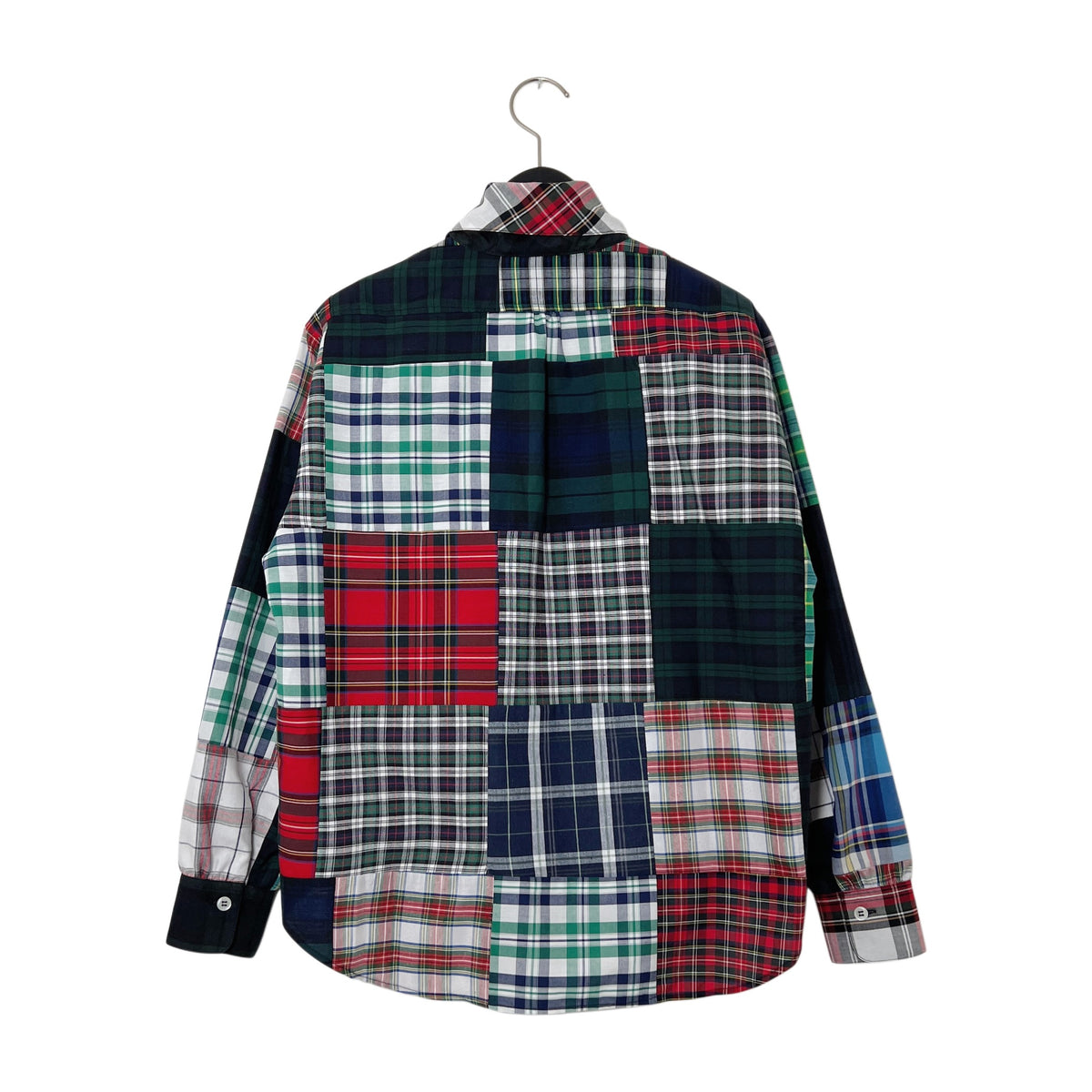 【LA FETICHE】Patchwork Tartan Neck Tie Blouse With Gathered Sleeves
