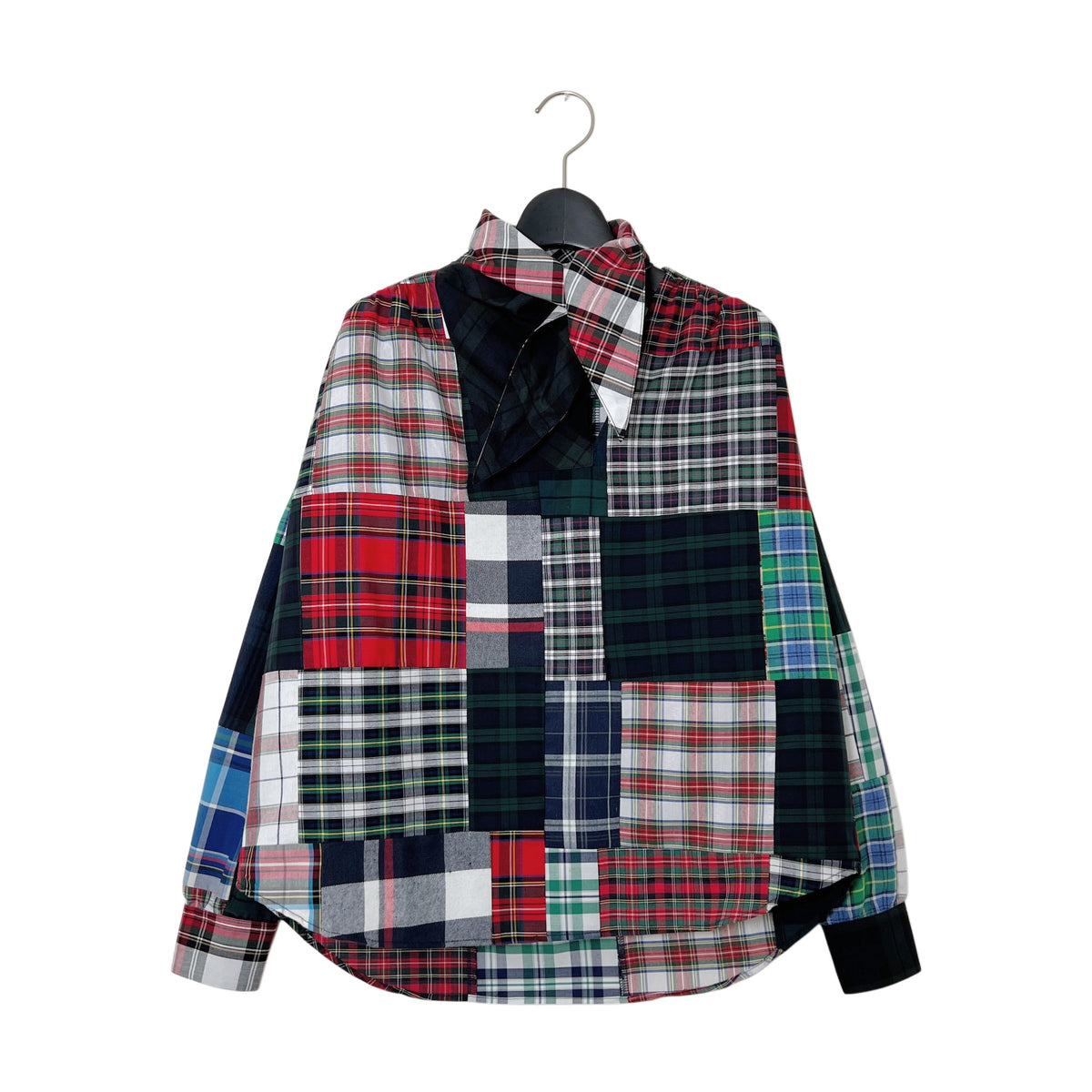 【LA FETICHE】Patchwork Tartan Neck Tie Blouse With Gathered Sleeves