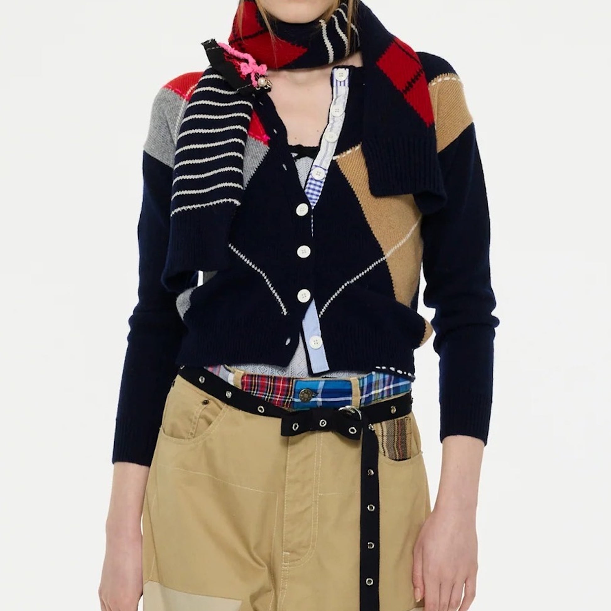 【LA FETICHE】Crew Neck Argyle Cardigan / navy,camel,grey,red