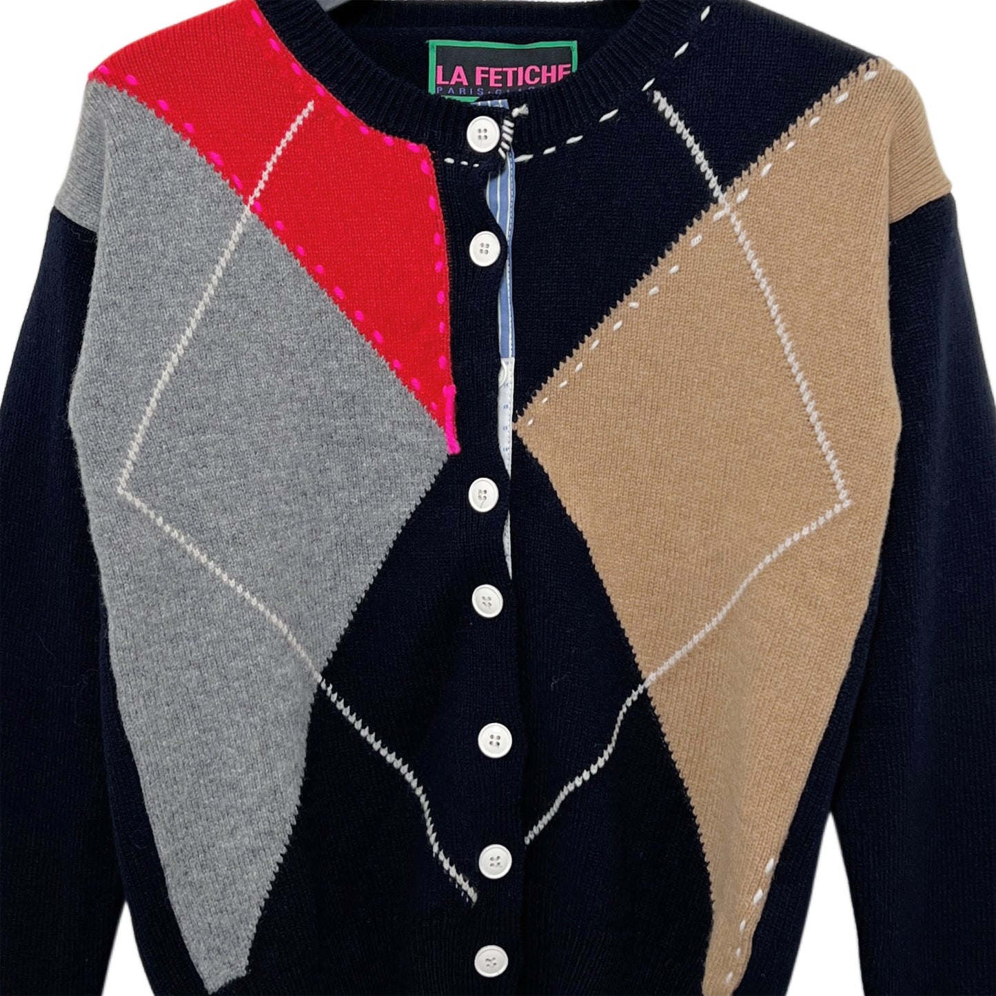 【LA FETICHE】Crew Neck Argyle Cardigan / navy,camel,grey,red