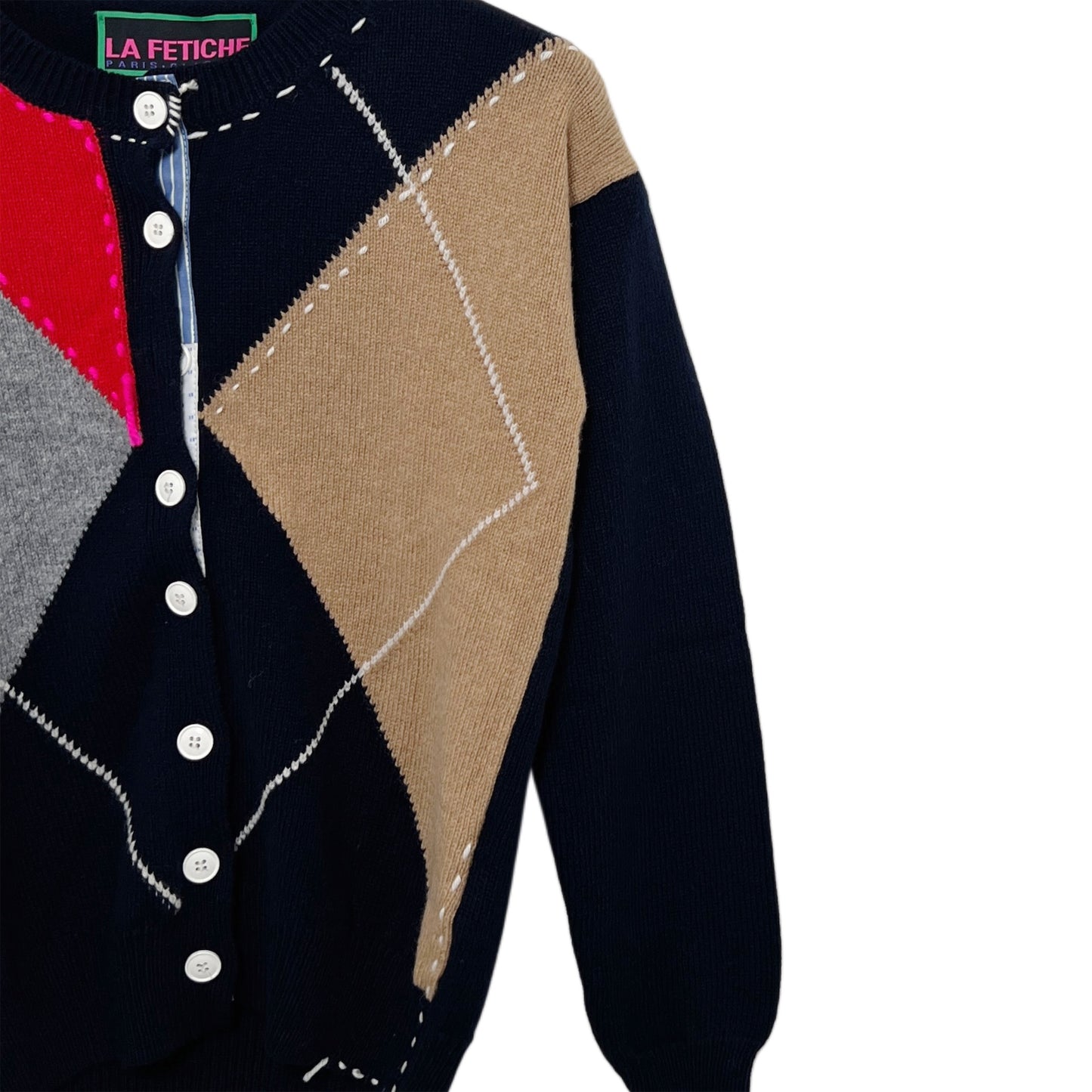 【LA FETICHE】Crew Neck Argyle Cardigan / navy,camel,grey,red