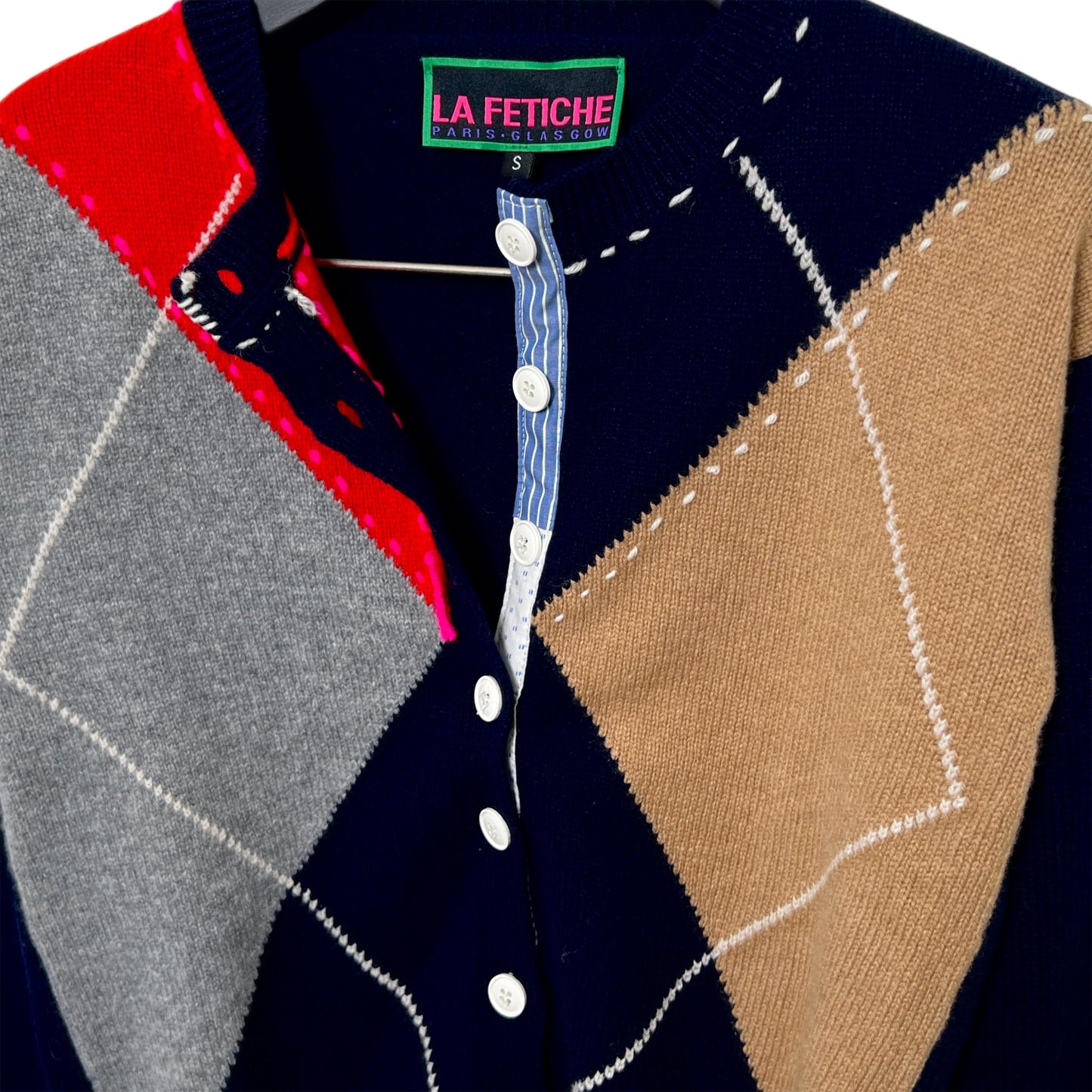 【LA FETICHE】Crew Neck Argyle Cardigan / navy,camel,grey,red