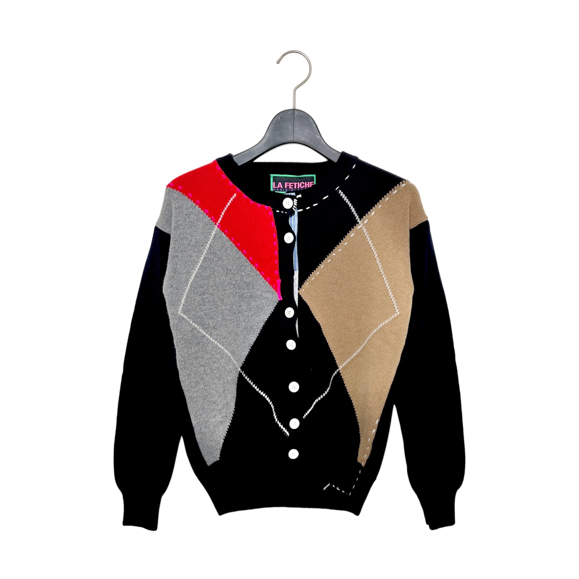 【LA FETICHE】Crew Neck Argyle Cardigan / navy,camel,grey,red