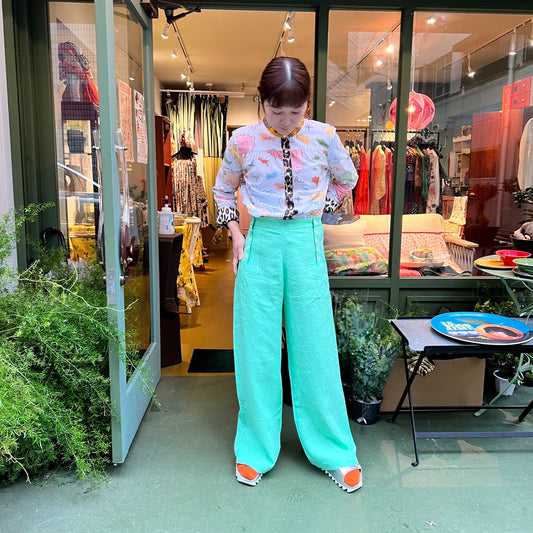 【マルト・デムラン セレクト ファッション】リネンワイドパンツ electric green